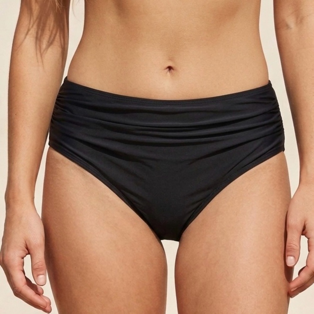 Black Mid Rise Ruched Side Bikini Swimsuit Bottoms Womens Size Medium